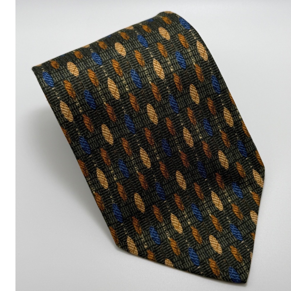 Jos A Bank Silk Necktie 4" Wide Olive Green Blue Gold Geometric Classic Preppy